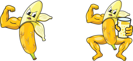 Strong banana cartoon character Illustration. Smiling banana showing muscle biceps, holding energy drink supplement