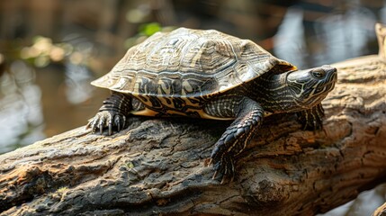 Fototapeta premium A turtle is laying on a log in the sun