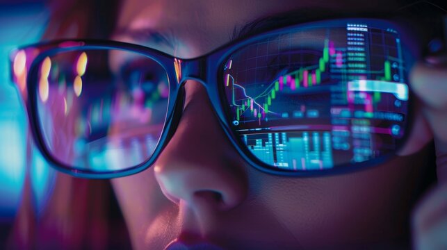 A woman is looking at a computer screen with a pair of glasses on