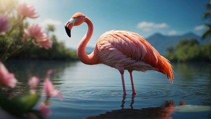 Beautiful flamingo standing in a serene water landscape