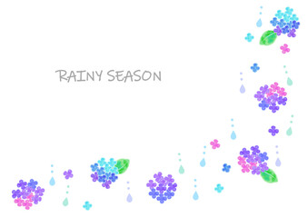 パステルの紫陽花と雨粒のかわいいラインイラスト