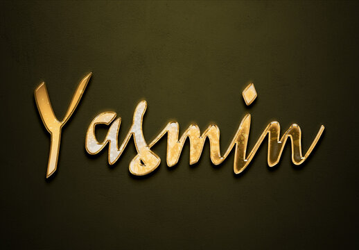 Old gold text effect of Arabic name Yasmin with 3D glossy style Mockup	