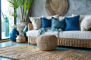 Modern coastal living room with an earth-tone color in white and blue tones. Decorated with...