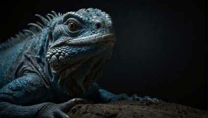 Obraz premium Close-up of a blue iguana with detailed scales in a dark environment