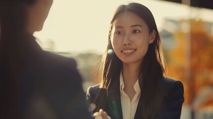 Businesswoman shakes hands with a colleague, signifying mutual understanding and commitment to a shared goal.