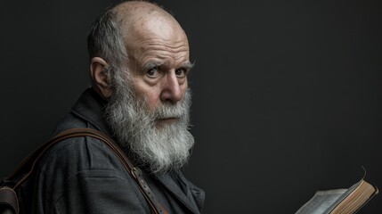 Fototapeta premium A bearded man, holding a book, gazes intently into the camera with a grave expression