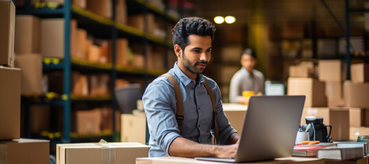 indian man using laptop at warehouse
