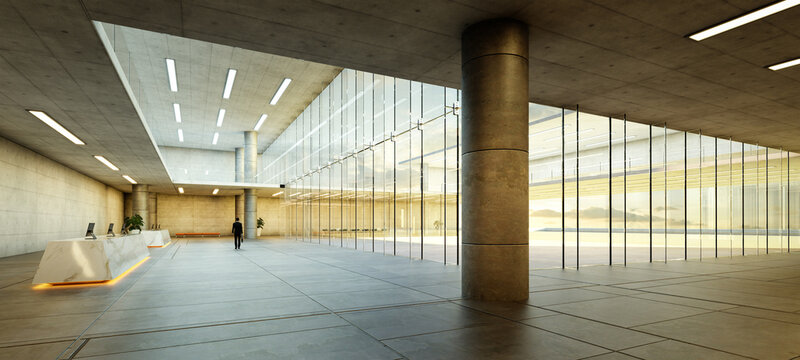 3D Modern office lobby with natural light