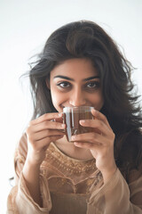Young indian woman drinking coffee or tea and giving happy expression.