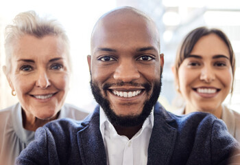 Businessman, portrait and selfie for team, diversity and support together at office. Group, employee or workers with happiness and smile for solidarity or union in professional work collaboration