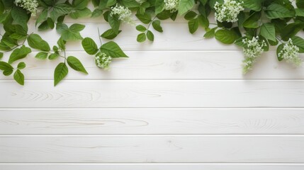 Old white wooden background with green leaves, top view, copy space.