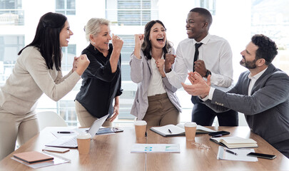 Fist pump, teamwork or happy business people with success celebration of goals, mission or funding. Partnership, smile or excited consultants in office for winning sales, motivation or bonus together