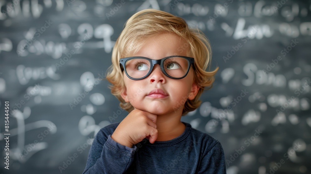 Wall mural a small boy in glasses stands before a cluttered chalkboard