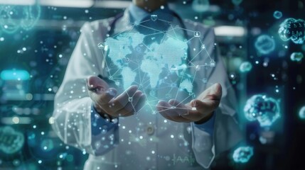 . Digital healthcare and network connection on hologram virtual screen, insurance. medical technology and network concept AI generated
