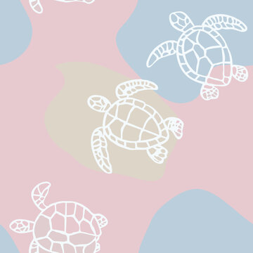 Minimalist seamless pattern of cute turtles on pastel background for cloth, clothes, textile, package decoration, greeting invitation card backdrop