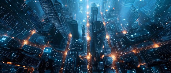 Fototapeta premium AI monitoring structural integrity of buildings postdisaster for safe reentry top view Structural monitor AI futuristic tone Analogous Color Scheme