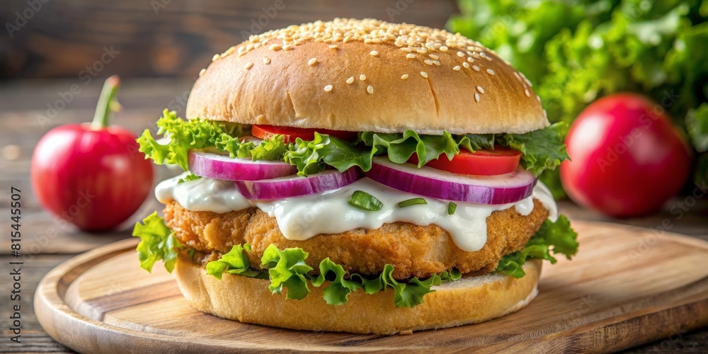 Wall mural homemade chicken burger with fresh vegetables and mayonnaise on wooden background. ai generated