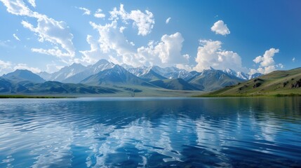 Mountain landscape, lake and mountain range, large panorama AI generated