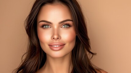 Naklejka premium long brown hair, blue eyes on light brown background