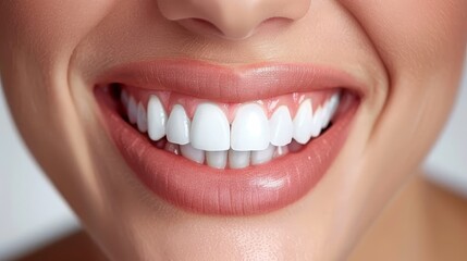 Obraz premium A tight shot of white woman's teeth and gleaming gums in the upper jaw