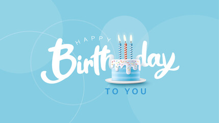 Happy Birthday celebration typography design with 3d birthday cake for greeting card, poster or banner. Vector illustration