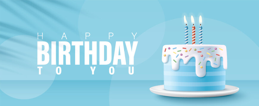 Happy Birthday celebration typography design with 3d birthday cake for greeting card, poster or banner. Vector illustration