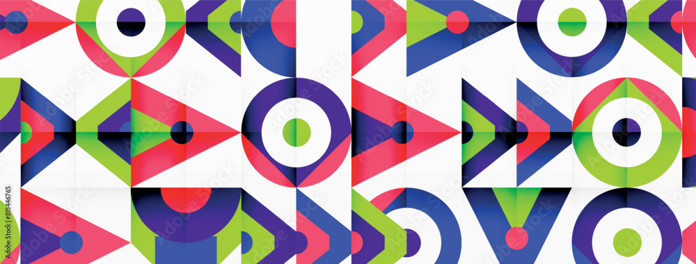 Aufkleber a vibrant and colorful pattern of triangles and circles in shades of magenta and electric blue, crea