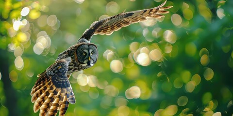 Dynamic composition of a Great gray owl in mid-flight, its powerful wings propelling it through the air with grace and precision, against a backdrop of blurred greenery and sparkling bokeh lights.