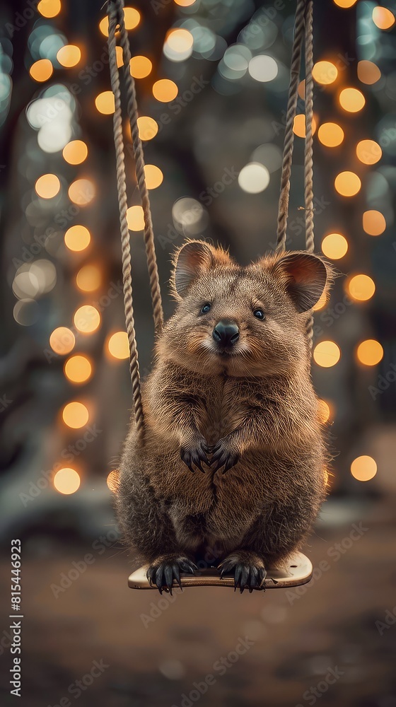 Wall mural enchanting image of a smiling quokka delighting in a swing, its carefree expression illuminated by t - Wall murals