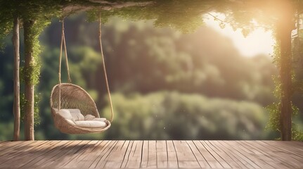 Old wooden terrace with wicker swing hang on the tree with blurry nature background 3d render.. generative.ai
