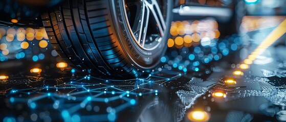 AI analyzing tire wear patterns and advising on optimal replacement times  side view  Tire wear analysis  digital tone  Splitcomplementary color scheme