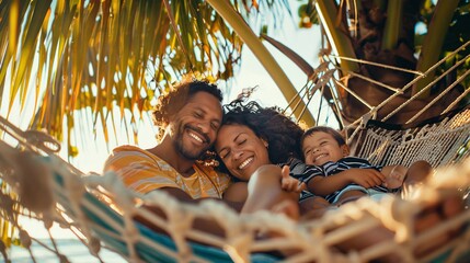 A family consisting of parents and children relaxes in a hammock together on a sandy beach