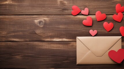 Love card concept banner for Valentine's Day. Envelope and many red hearts on a brown wooden table, background texture, top view. Flat Layout