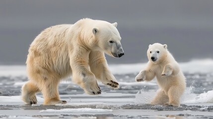 Fototapeta premium Heartwarming image of a polar bear cub frolicking on the pack ice, its curiosity and innocence shining through as it explores its frozen world under the watchful eye of its mother.