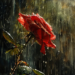 red rose in the rain