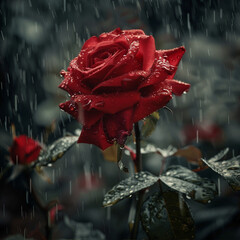 red rose in the rain