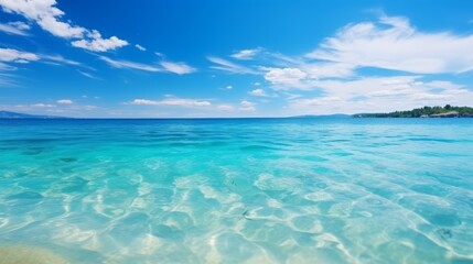 Obraz premium Beautiful tropical beach with blue sky and white clouds abstract texture background. Copy space of summer vacation and holiday business travel concept.