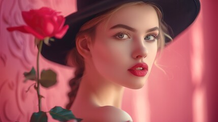 Fototapeta premium Woman in black hat holds rose, pink backdrop