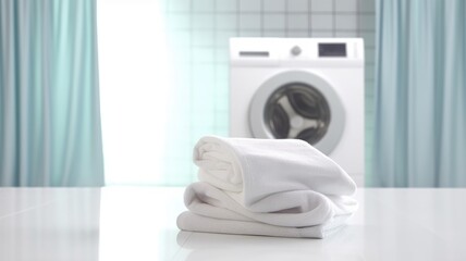 Folded towels on countertop with laundry machine in background. White table in front of washing machine with blurring background. Home comfort and modern lifestyle concept for interior design. AIG35.