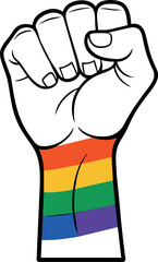 continuous line drawing forms a raised fist, filled with rainbow colors representing the LGBTQ+ pride flag. 