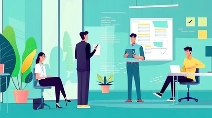 A group of professionals in a modern office are working together on a project