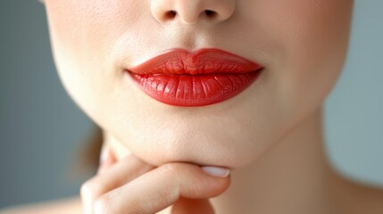  A tight shot of a woman's expressive lips, accompanied by one hand resting under her chin