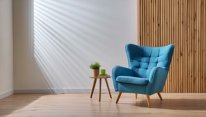 Modern wooden living room with an blue armchair on empty white wall background,Minimal room, Ai Generate 