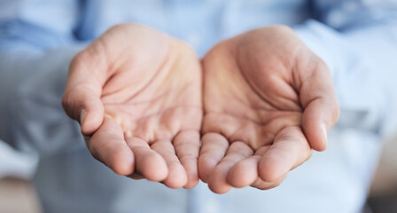 Hands, charity and community with a person begging for financial aid, donation and unemployment or...