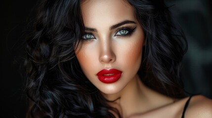 Fototapeta premium A tight shot of a woman with lengthy black tresses against a black backdrop, her lips painted boldly red