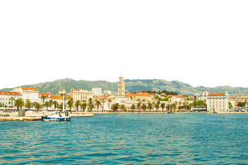 Landscape view of beautiful city by the sea, transparent background. Travel destination idea.