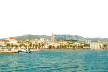 Landscape view of beautiful city by the sea, transparent background. Travel destination idea.
