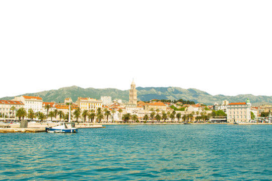 Landscape view of beautiful city by the sea, transparent background. Travel destination idea.