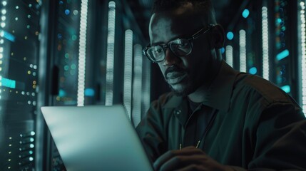 IT support engineer is working in a dark server room on a laptop, network, and data center. With a man officer in charge of computers, cybersecurity, and analytics - Powered by Adobe