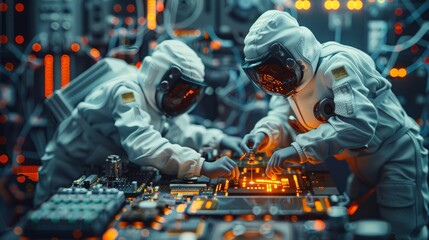 Two astronauts in space suits are working on a computer